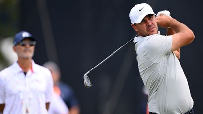 Brooks Koepka takes a shot in a practice round before the 2024 US Open at Pinehurst No.2