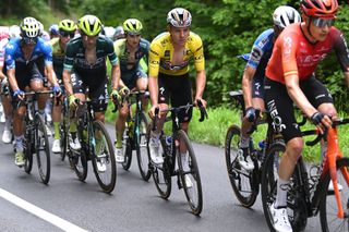 LE COLLET DALLEVARD FRANCE JUNE 07 LR Primoz Roglic of Slovenia and Team BORA hansgrohe Green Points Jersey and Remco Evenepoel of Belgium and Team Soudal QuickStep Yellow Leader Jersey compete during the 76th Criterium du Dauphine 2024 Stage 6 a 1741km stage from Hauterives to Le Collet dAllevard 1415m UCIWT on June 07 2024 in Le Collet dAllevard France Photo by Dario BelingheriGetty Images