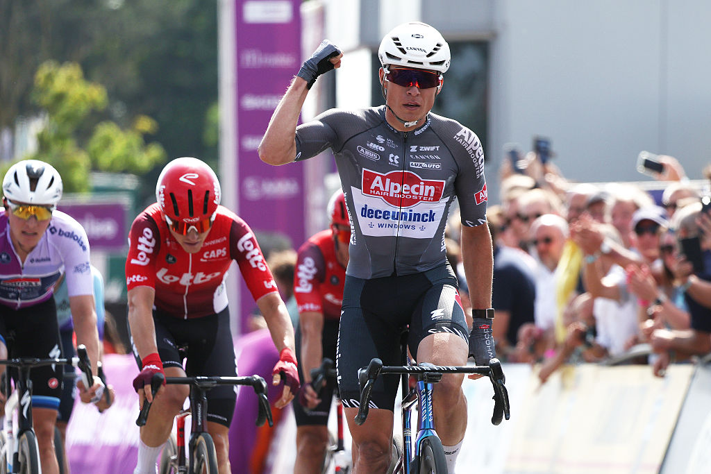 PUTTE, BELGIUM - JUNE 19: Jasper Philipsen of Belgium and Team Alpecin - Deceuninck celebrates at finish line as stage winner during the 94th Baloise Belgium Tour 2025, Stage 2 a 194.4km stage from Beringen to Putte on June 19, 2025 in Putte, Belgium. (Photo by Rhode Van Elsen/Getty Images)