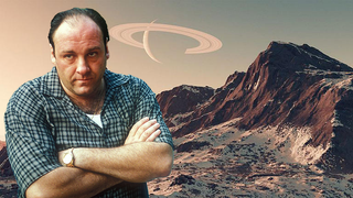 Tony Soprano superimposed over an image of one of Starfield's barren planets.