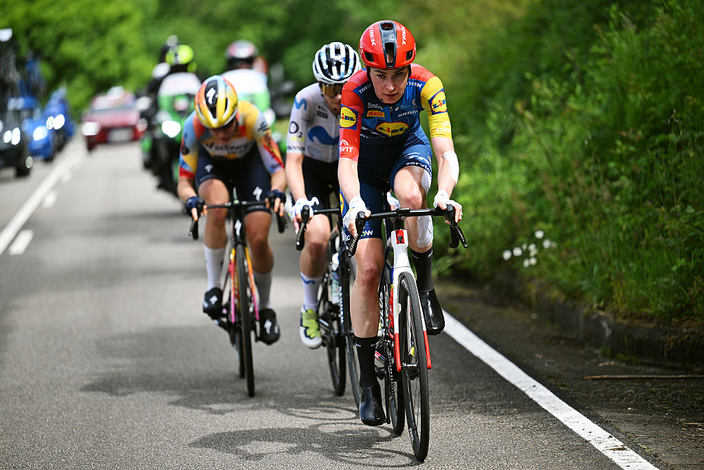 L'ANGLIRU, SPAIN - MAY 09: Riejanne Markus of Netherlands and Team Lidl - Trek competes in the breakaway during the 12th La Vuelta Femenina 2026, Stage 7 a 132.9km stage from Pola de Laviana to L&amp;amp;apos;Angliru 155m / #UCIWWT / on May 09, 2026 in Pola de Laviana, Spain. (Photo by Szymon Gruchalski/Getty Images)