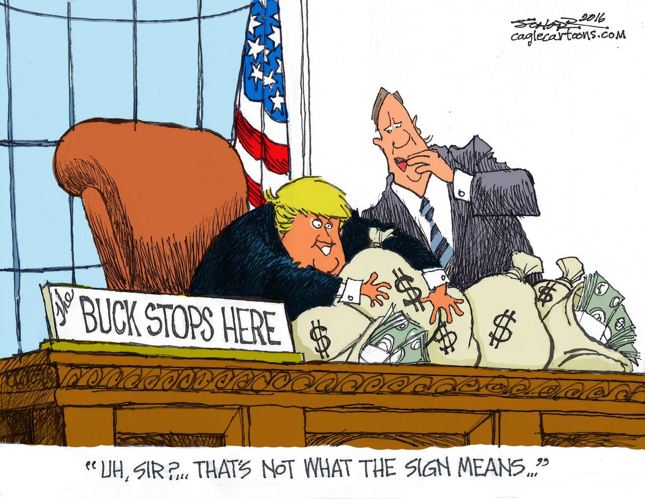 Political cartoon U.S. Donald Trump greed