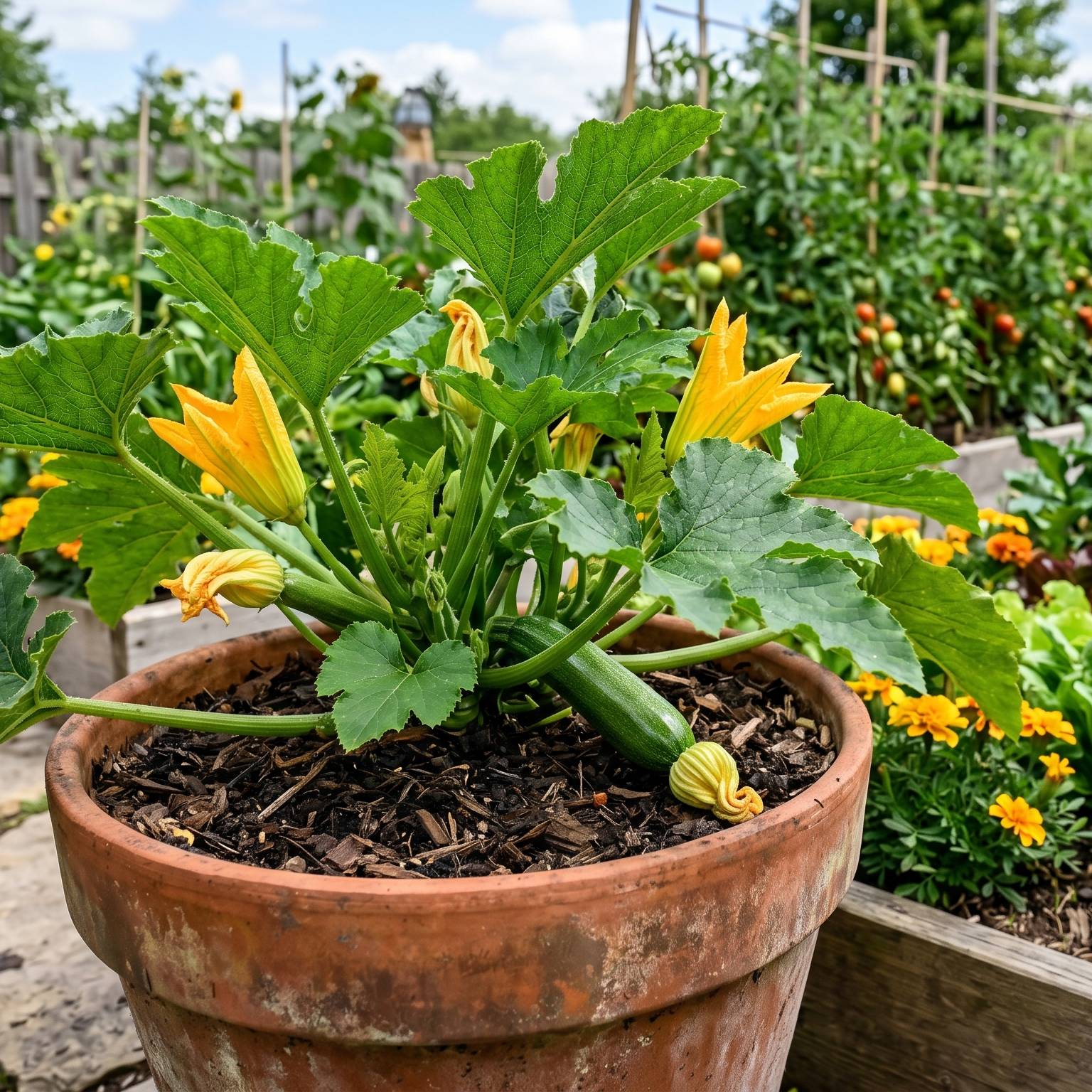A potted zucchini plant in a raised bed garden