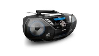 The Philips AZB798T CD boombox in black with blue highlights on a plain white background.