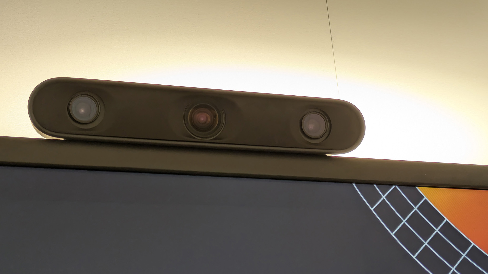 A close-up of the camera hardware on a Project Starline booth