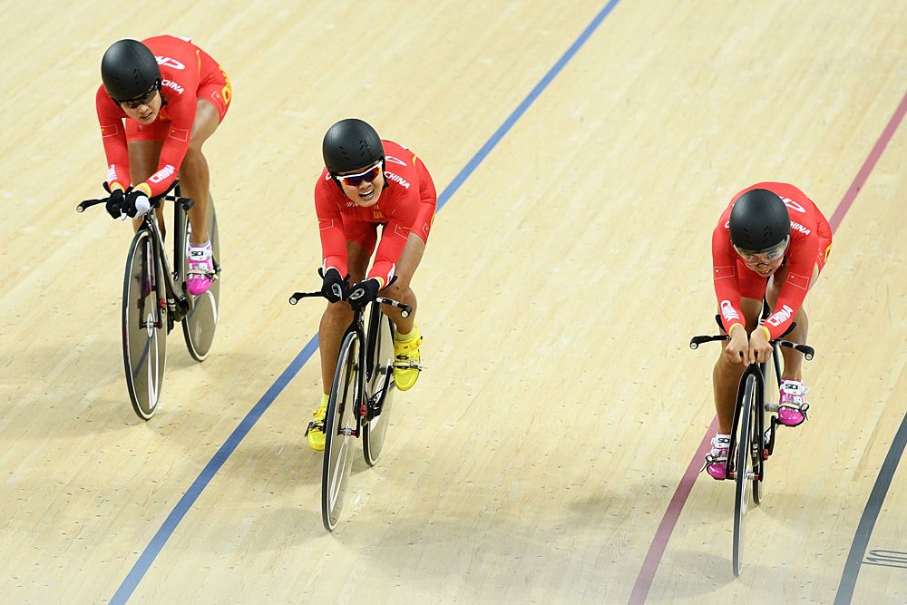 Yali Jing, Menglu Ma and Baofang Zhao of China compete in the Women's Team Pursuit Track Cycling Qualifying