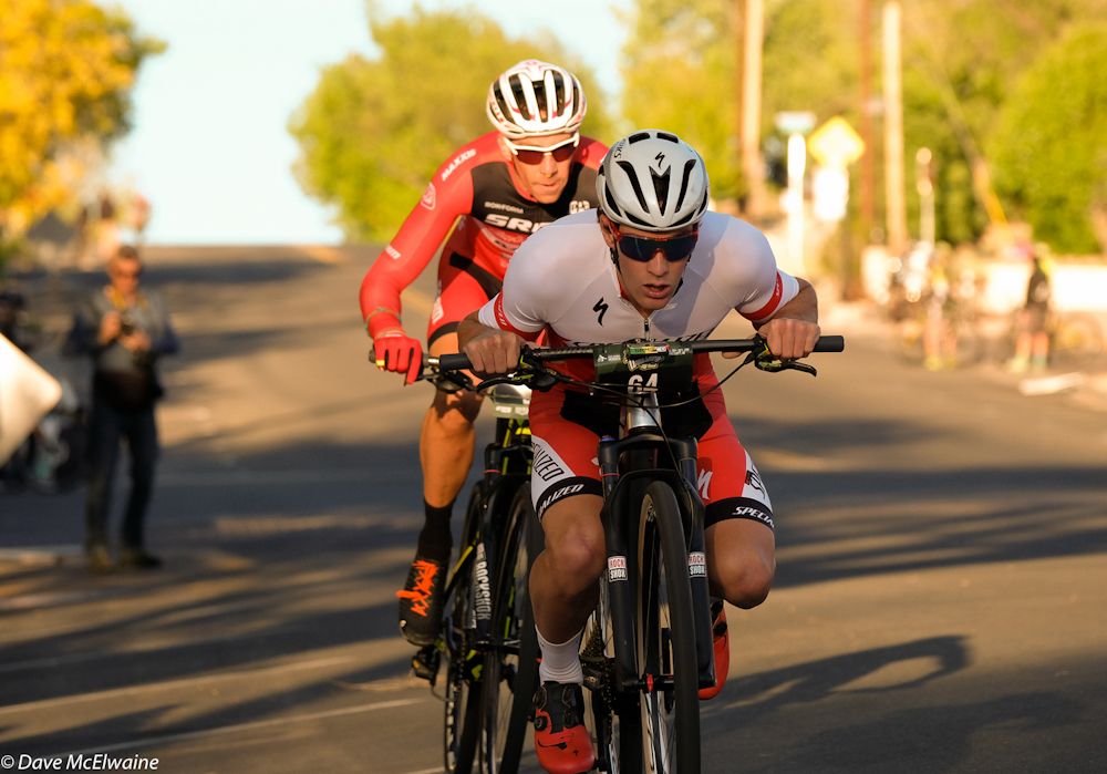 Sam Gaze (Specialized) descending with Todd Wells on his wheel and no chasers in sight