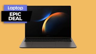 Samsung Galaxy Book 3 Ultra laptop against orange background