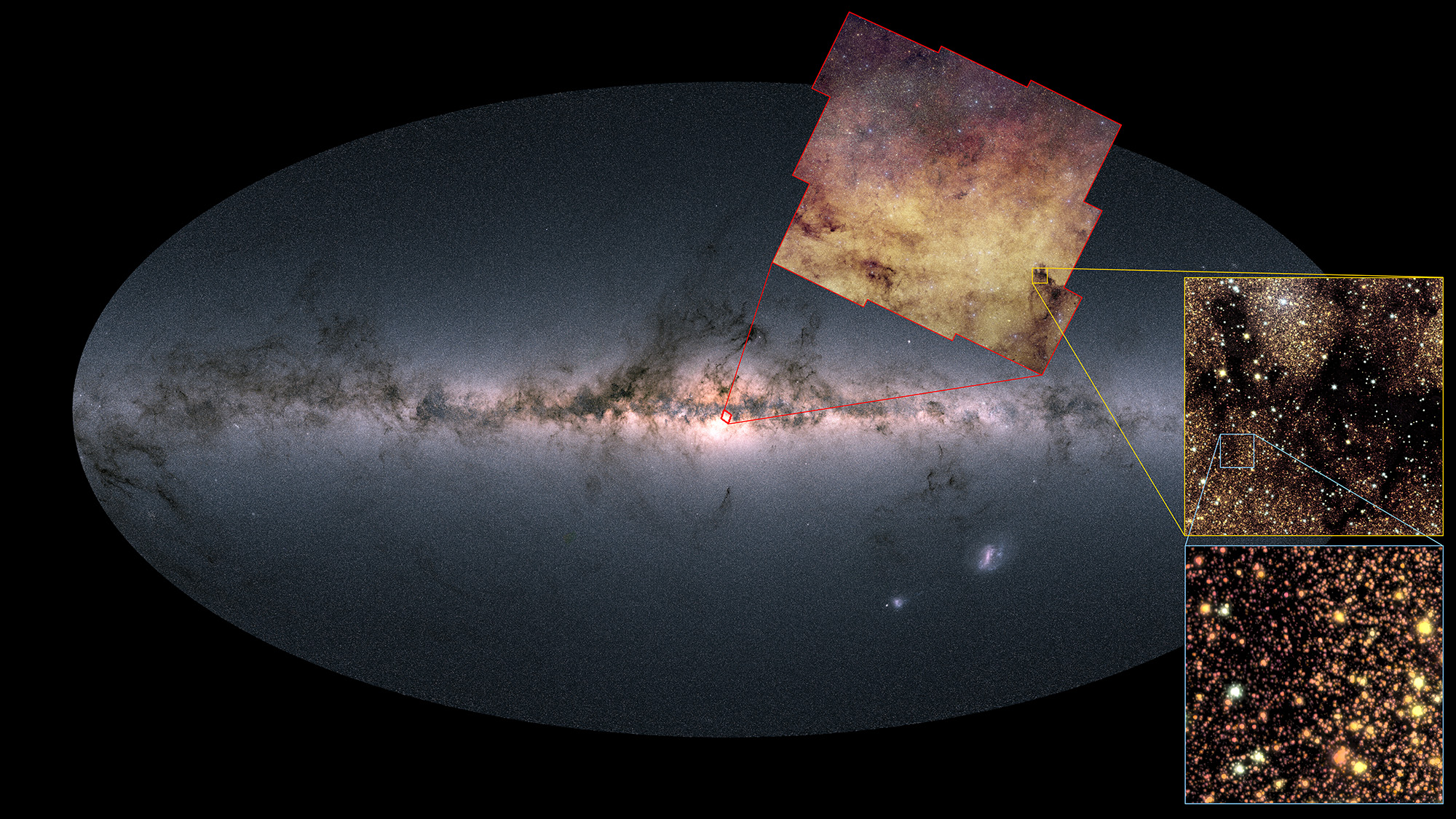 An ovular cutout of the Milky Way galaxy glowing in deep space, with boxouts showing zoomed in areas on the right side.