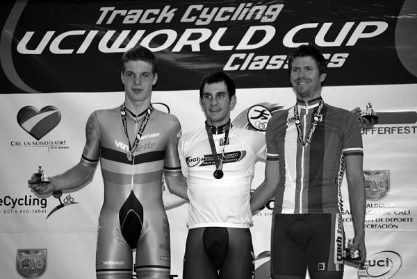Men's scratch race podium (l-r): Gijs Van Hoecke (Belgium), 2nd; Morgan Kneisky (France), 1st; Martin Blaha (Czech Republic), 3rd