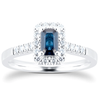 9ct White Gold Sapphire Emerald Cut Halo Ring, £650 | Goldsmiths