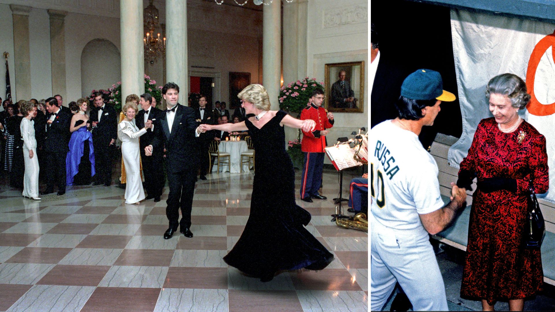 L-Princess Diana dancing with John Travolta, R-Queen Elizabeth II shaking hands with a baseball player 