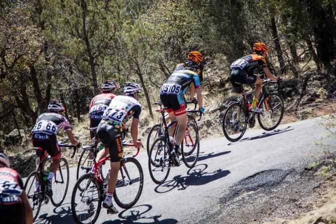 The breakaway hits one of the steep sections of the Sapillo climb
