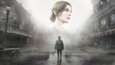 Silent Hill 2 art with James walking down a deserted street with an image of his wife in the sky