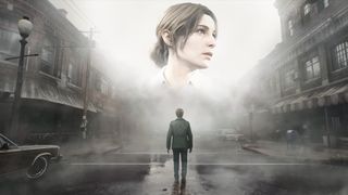 Silent Hill 2 art with James walking down a deserted street with an image of his wife in the sky