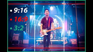 Guitarist stands on stage beneath blue lights, with white, green and red rectangles used to show 9:16, 16:9 and 3:2 aspect ratios respectively