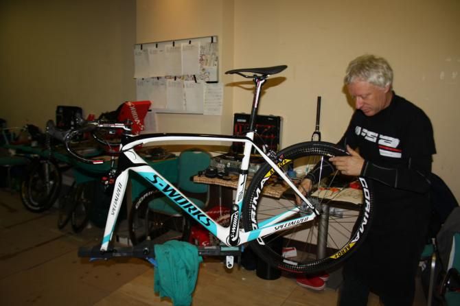 An Astana mechanic hard at work ahead of the 2014 season