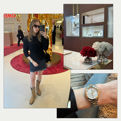 A collage of nikki in the omega austin store and omega watches.