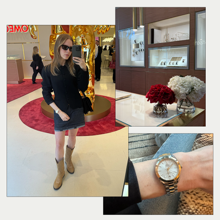 A collage of nikki in the omega austin store and omega watches.