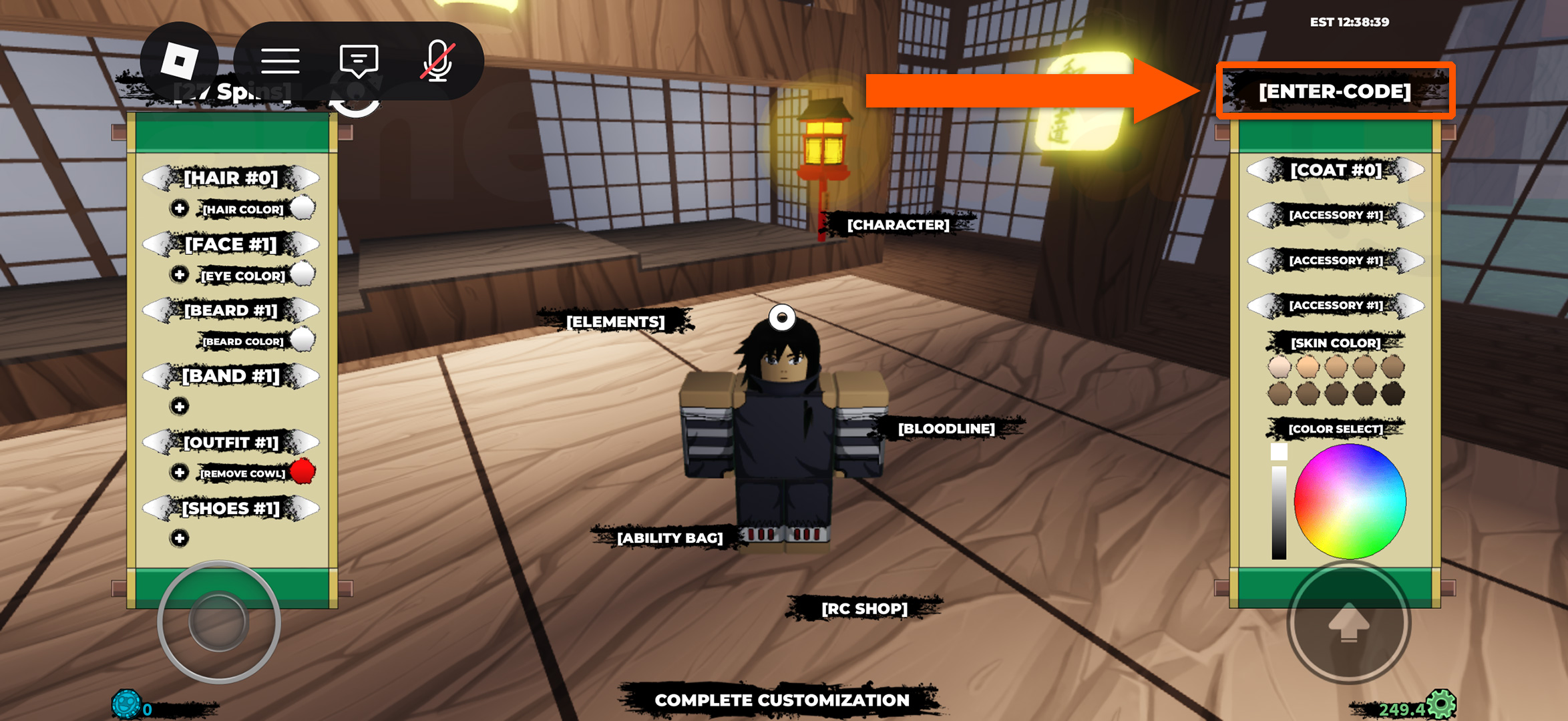 An orange arrow showing where to redeem Shindo Life codes in the Edit screen