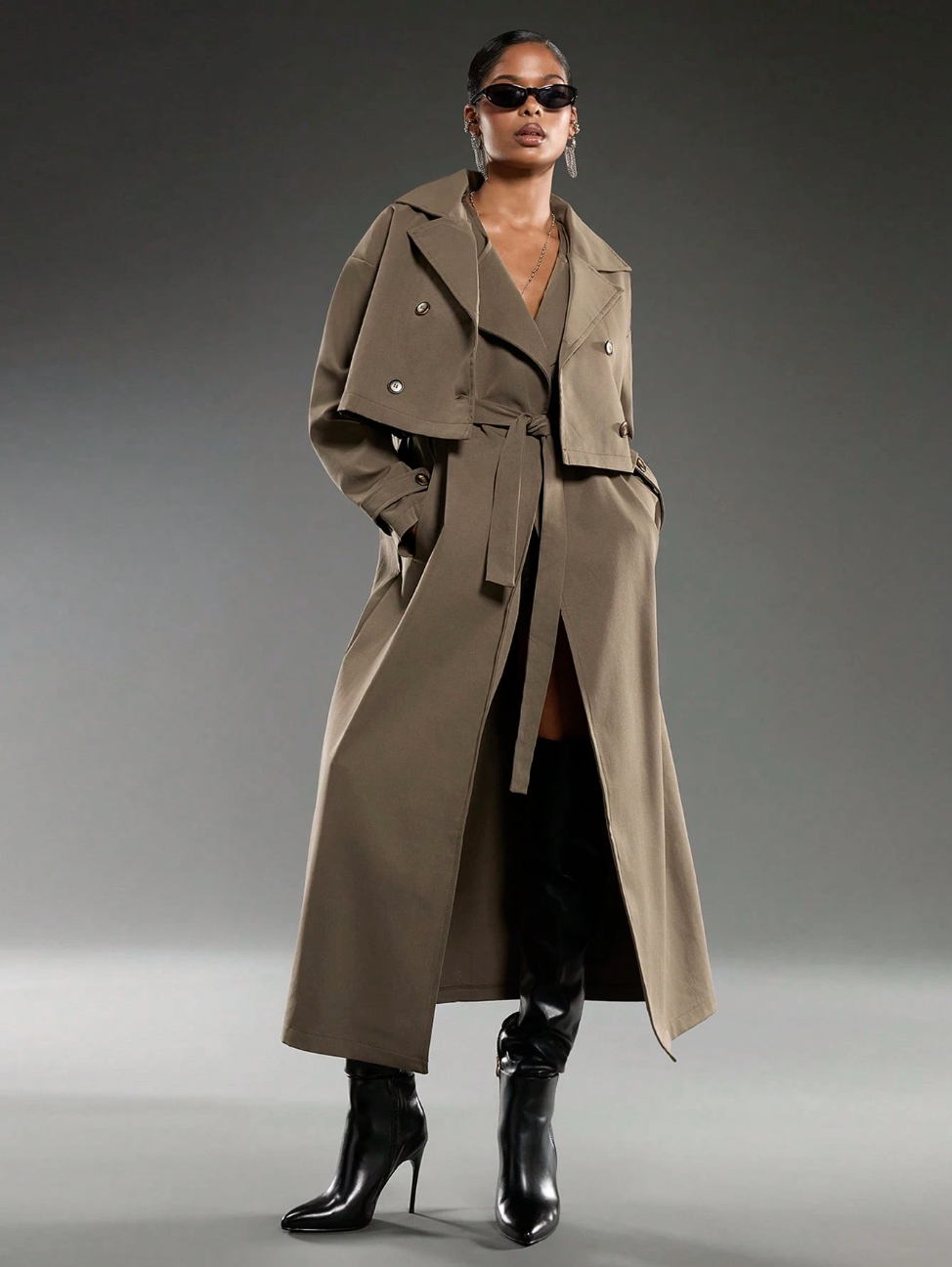 NORMANI, Solid Color Lapel NeckLong Sleeve Belted Casual Trench Coat