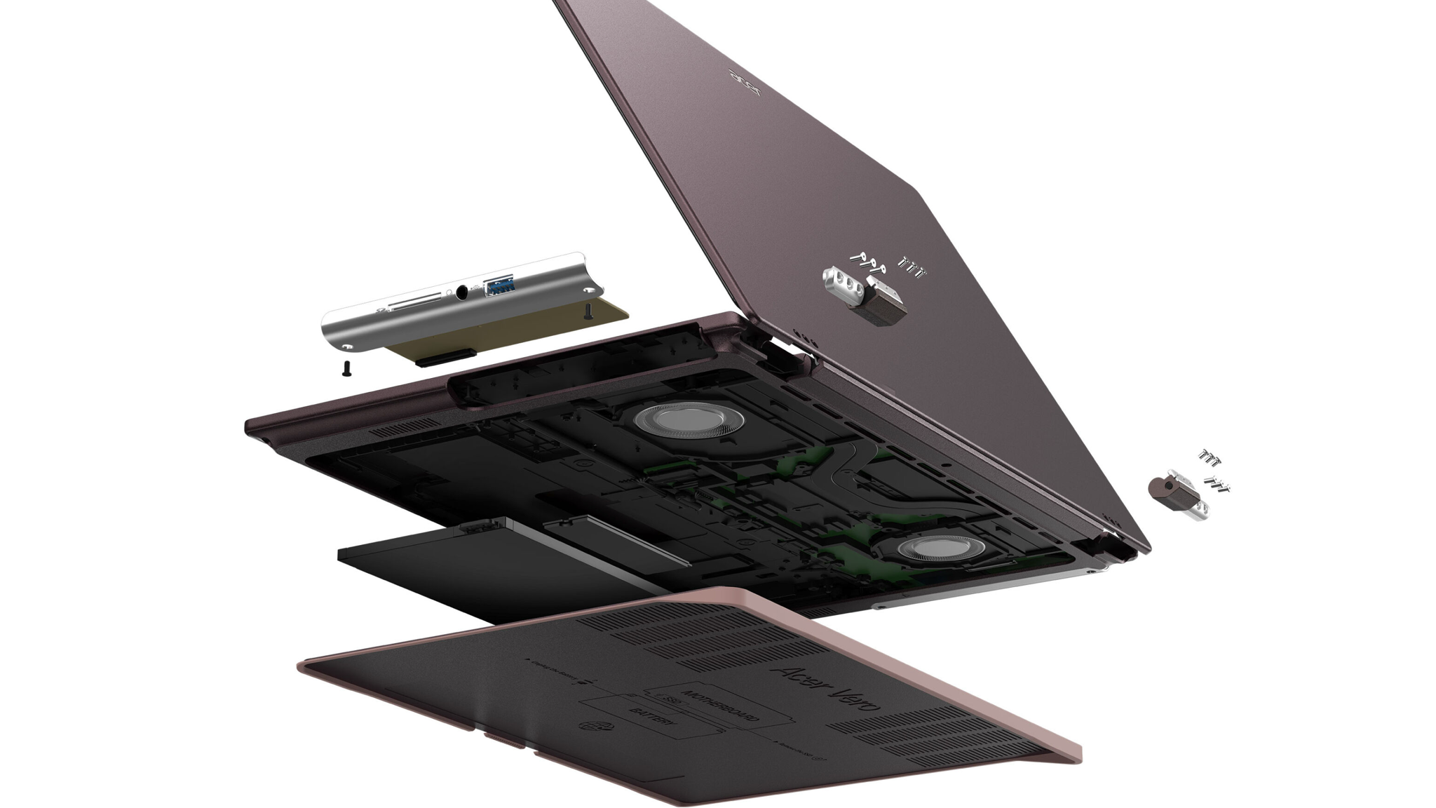 Exploded view of the Acer Vero 16 on white background