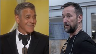 Side by side: George Clooney smiling while presenting award at 2026 Golden Globes, Dr. Robby standing uncomfortably in hospital on The Pitt eSeason 2