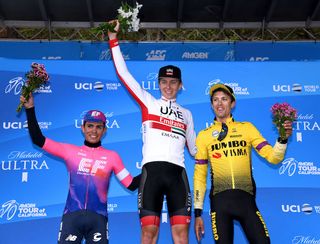 The stage 6 podium at the 2019 Tour of California: Stage winner Tadej Pogacar (UAE Team Emirates) with second-placed Sergio Higuita (EF Education First) and George Bennett (Jumbo-Visma)