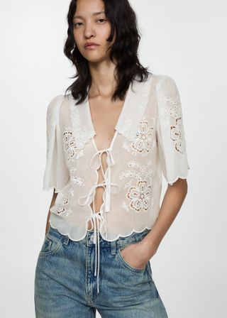 MANGO Embroidered Blouse With Bows