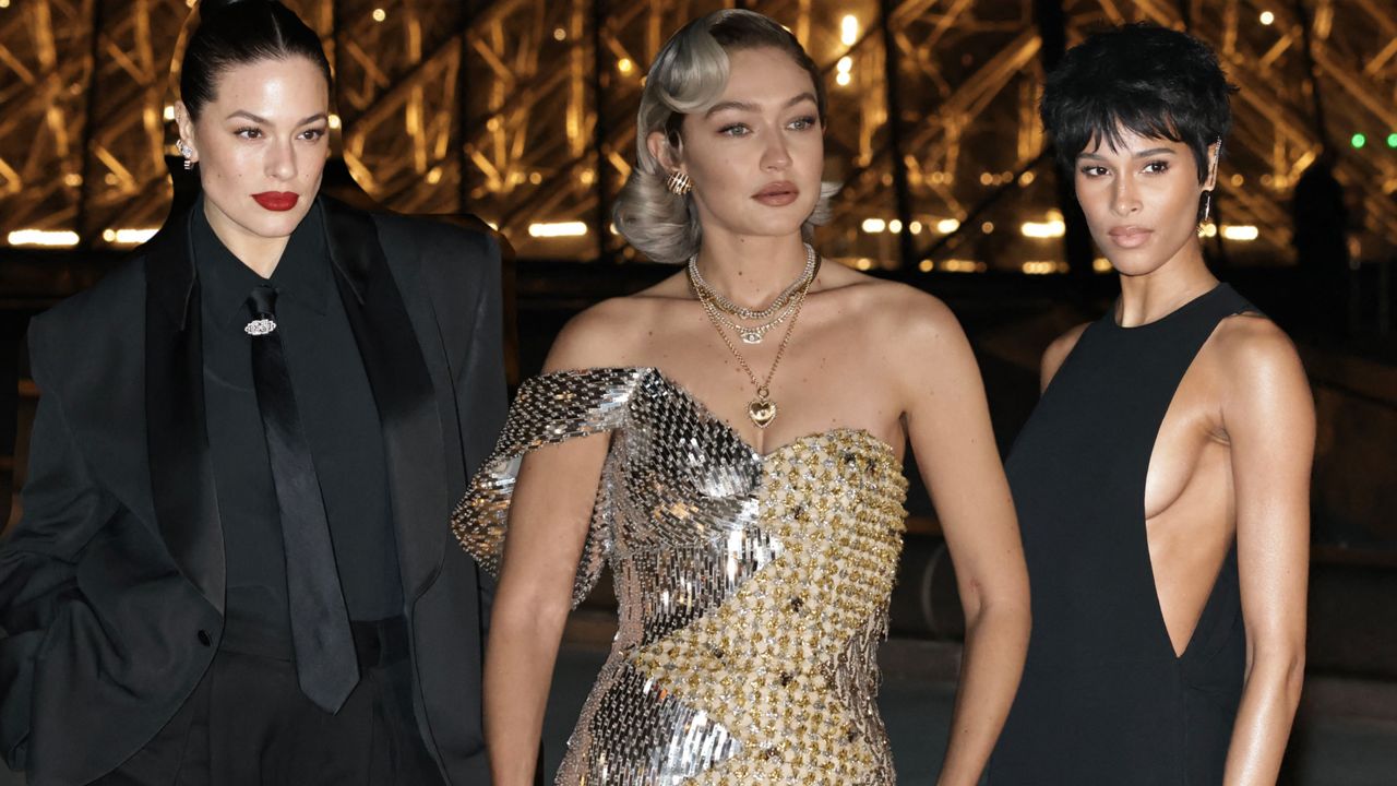 Gigi Hadid, Ashley Graham, and Carla Bruni attend the inaugural grand dinner du louvre on March 4