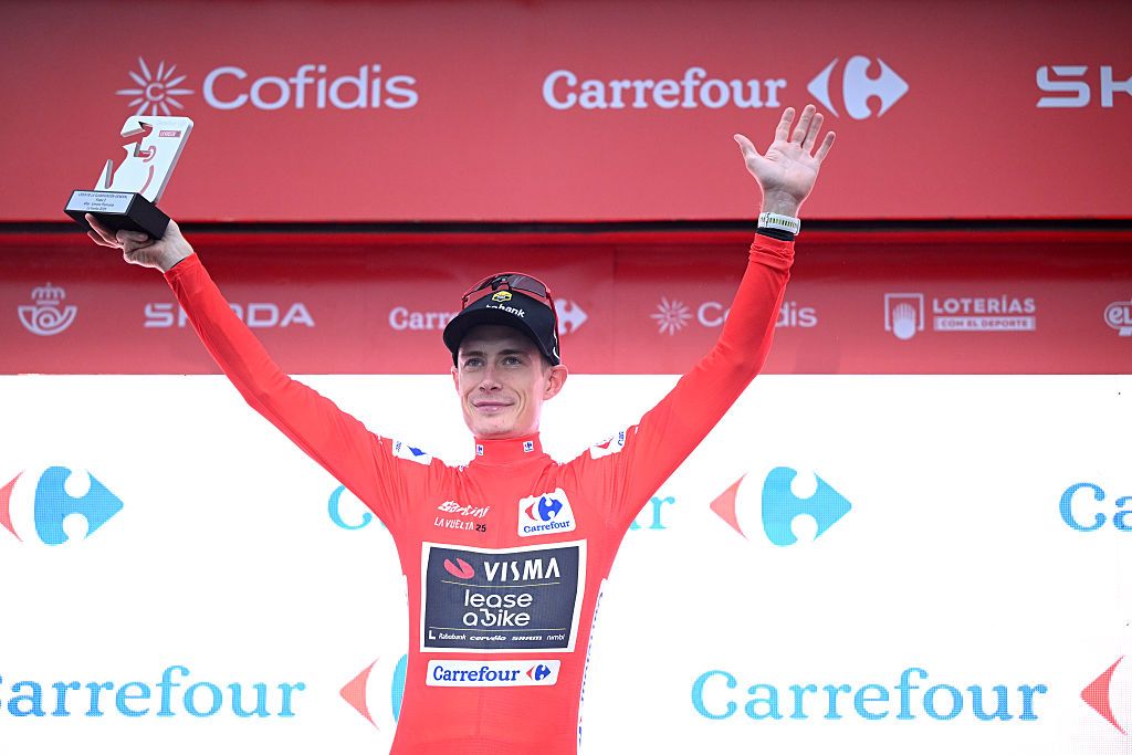 LIMONE PIEMONTE, ITALY - AUGUST 24: Jonas Vingegaard of Denmark and Team Visma | Lease a Bike celebrates at podium as Red Leader Jersey winner during the La Vuelta - 80th Tour of Spain 2025, Stage 2 a 159.5km stage from Alba to Limone Piemonte 1389m / #UCIWT / on August 24, 2025 in Limone Piemonte, Italy.