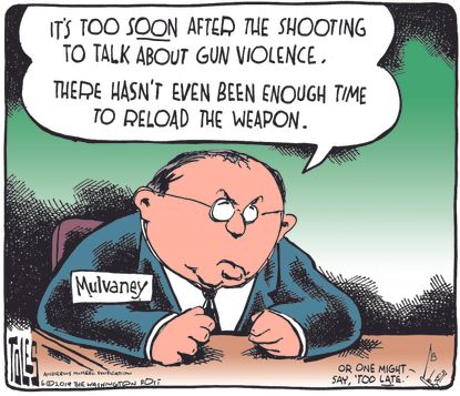Political Cartoon U.S. Mass Shooting Mick Mulvaney Gun Reform Denial