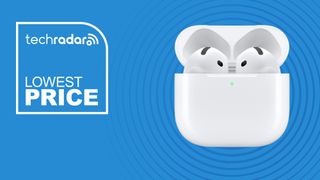 The Apple AirPods 4 on a blue background with text saying Lowest Price.