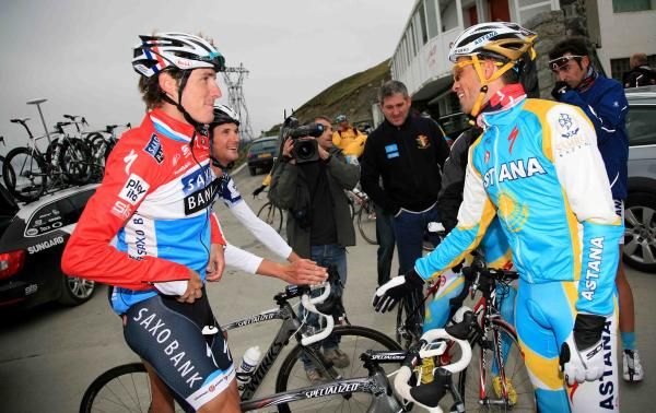 Andy Schleck and brother Frank happened to arrive at the top of the Tourmalet at the same time as Contador.