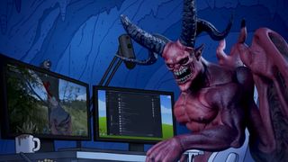 satan sitting at a PC with two monitors surrounded by dishes, in a gaming chair