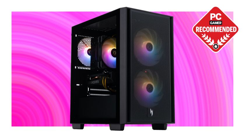 An Acer Nitro 60 gaming PC on a pink deals background, with the PC Gamer recommended badge in the top right