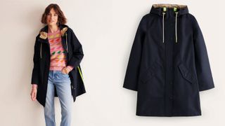 Composite image of model wearing the Boden Wells raincoat and a cut out image