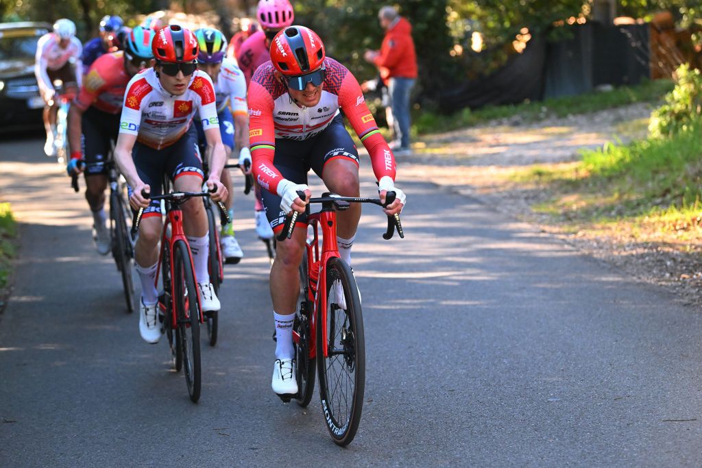 BROUZET LES ALES FRANCE FEBRUARY 04 Mads Pedersen of Denmark and Team TrekSegafredo attacks during the 53rd Etoile de Besseges Tour Du Gard 2023 Stage 4 a 1475km stage from SaintChristolLzAls to Le Mont Bouquet Brouzet ls Als 616m EDB2021 on February 04 2023 in SaintChristolLzAls France Photo by Luc ClaessenGetty Images