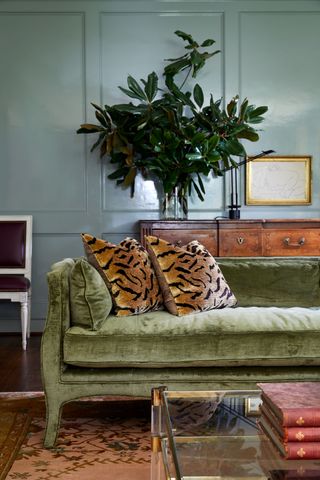 Green velvet sofa with tiger pattern cushions and blue walls