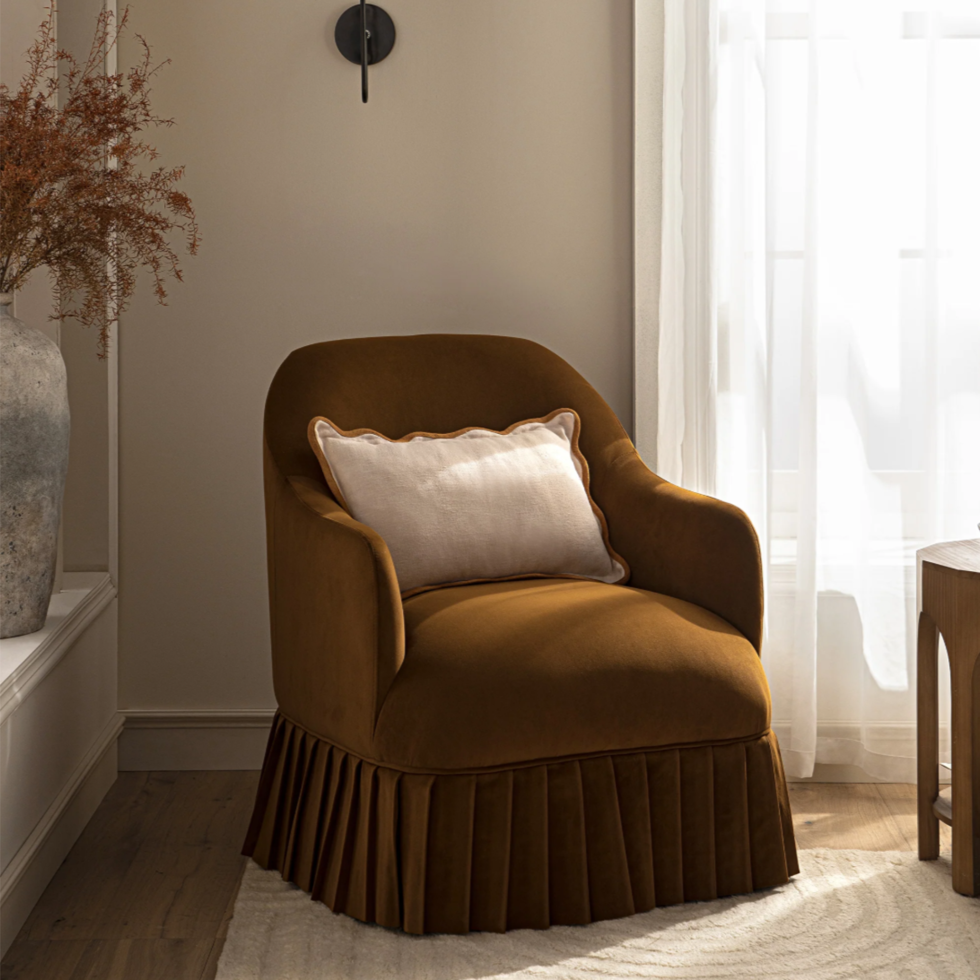 Calliope Skirted Armchair, Cinnamon Velvet