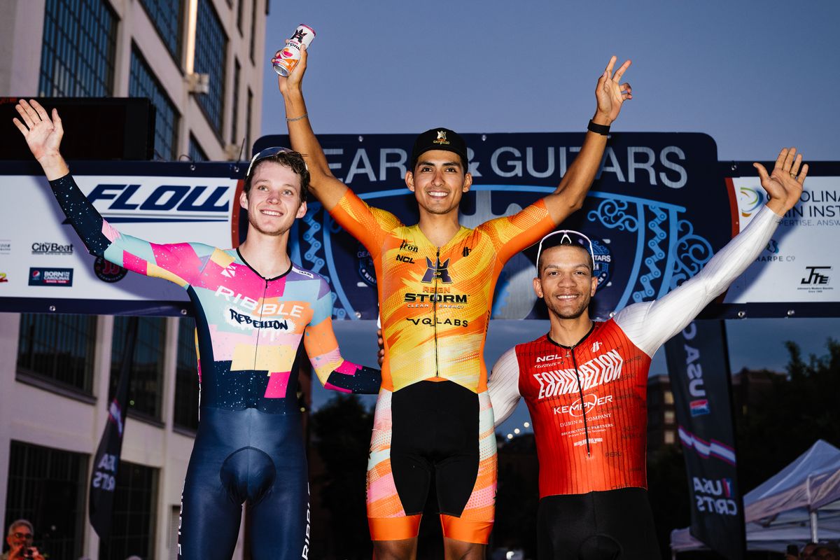Men's podium at 2024 Winston-Salem Cycling Classic, won by Alfredo Rodriguez (centre)