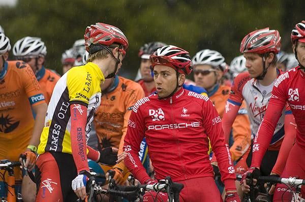 Mate, it's cold, it's wet, I'm happy to head for the pub - my shout! Tour leader and eventual winner Patrick Shaw (left) chats with runner-up Joseph Lewis on the start line in Paynesville.