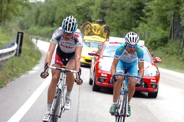 Oliver Kaisen (Omega Pharma-Lotto) and Alan Marangoni (Colnago-CSF Inox) during their stage 18 breakaway.