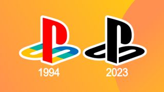 A shot of two PlayStation logos, one in black and one multicoloured, on an orange background
