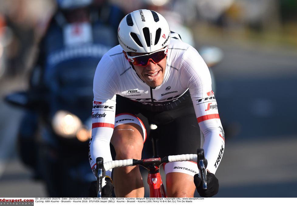 Jasper Stuyven (Trek-Segafredo) during his winning move in Kuurne-Brussel-Kuurne