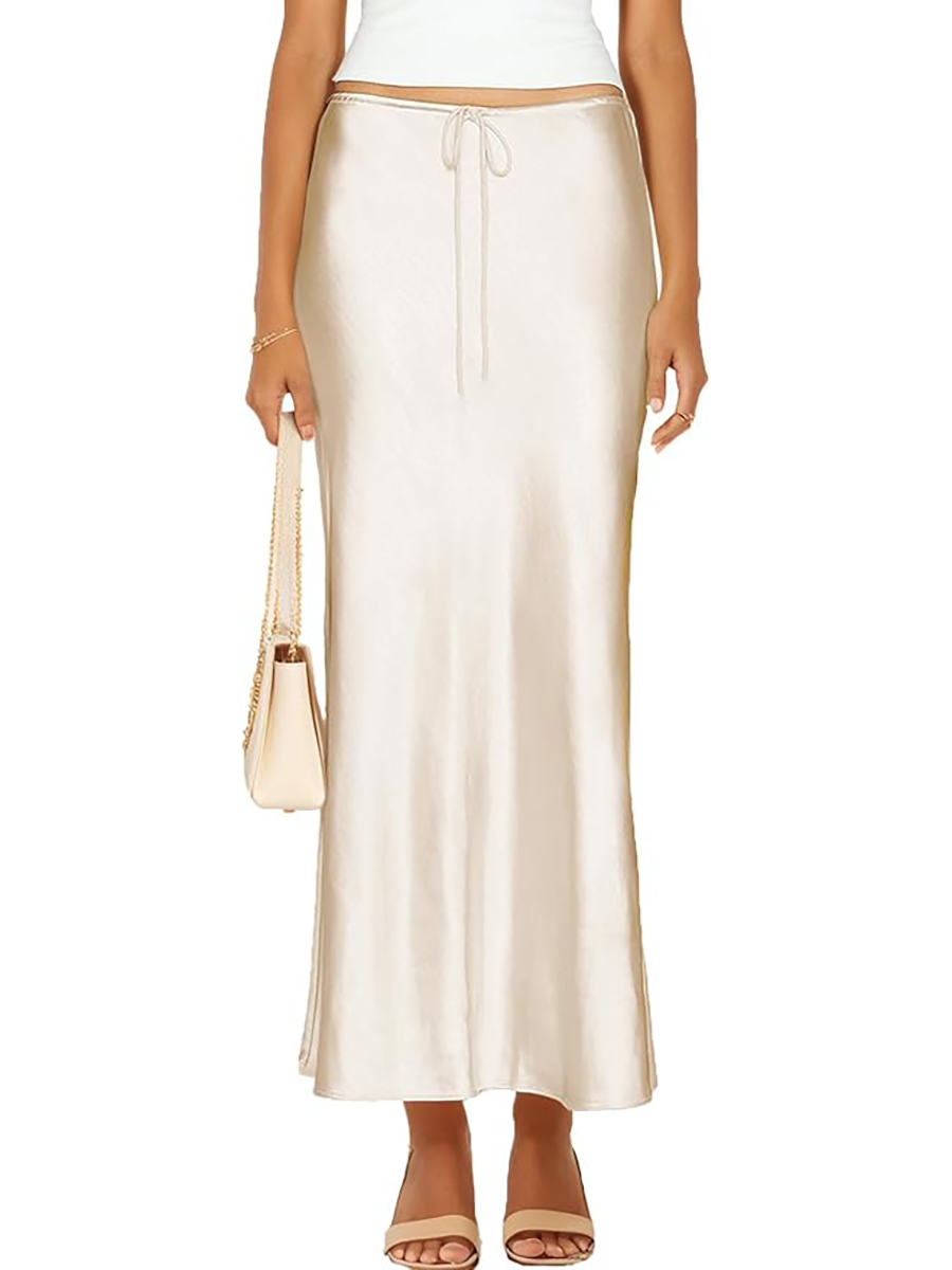 Skrtimory, Satin Silk Maxi Skirts Drawstring Maxi Skirt