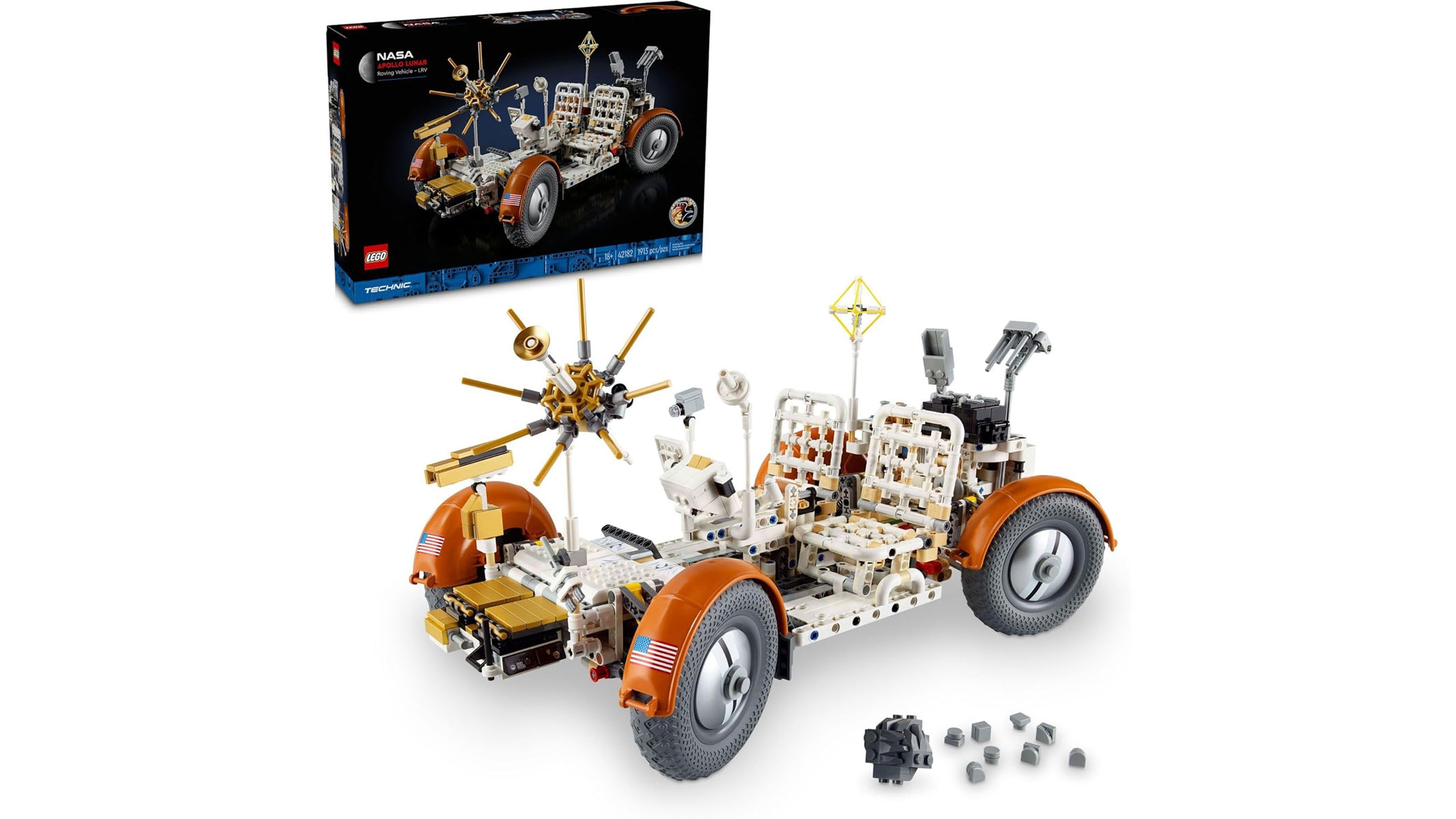 A white and orange buggy with four grey wheels sits below its black product box on a white background.