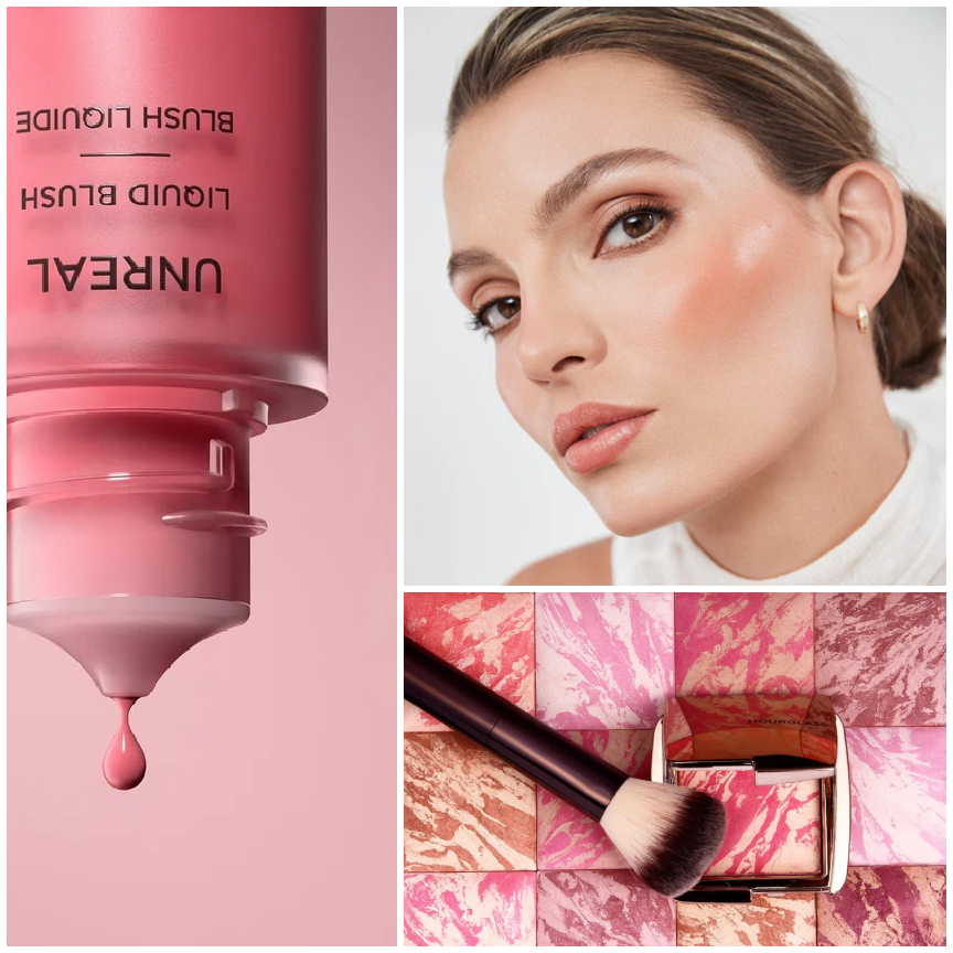 A woman with glowing, clear skin, next to three hourglass cosmetics products. All are in front of a brown-toned ambient background.