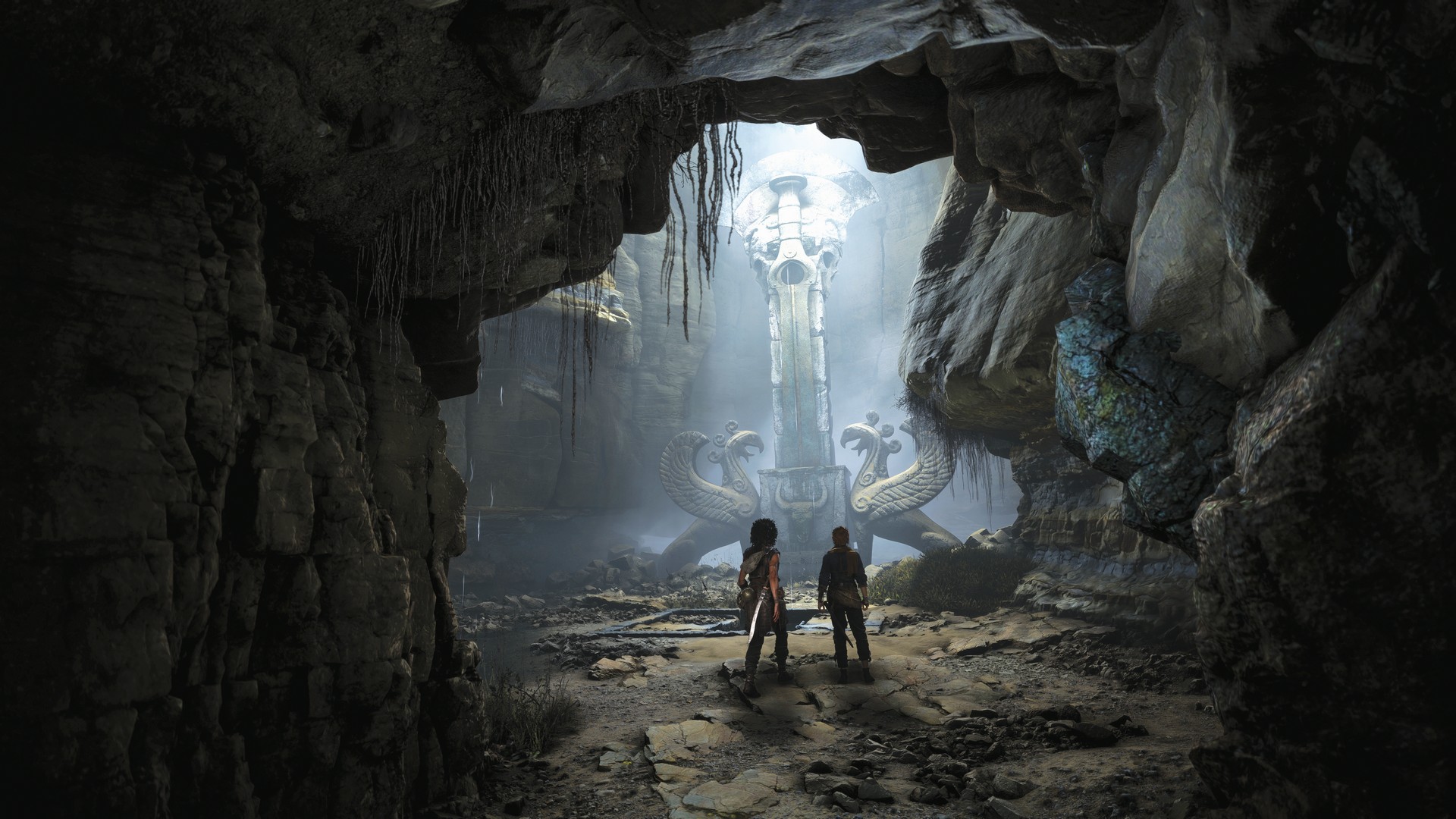Sofia and Lenny explore ruins in a cave in Resonance: A Plague Tale Legacy