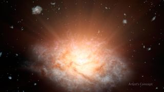 An artist's impression of WISE J224607.57-052635.0, the most luminous known galaxy. It is 1/10th the size of the Milky Way but puts out more than 10,000 times that galaxy's energy.